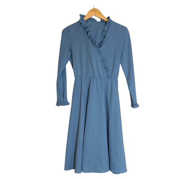 Vintage 70s Blue Retro Secretary Ruffle Dress Small Modest Midi Cottagecore - Picture 3 of 9